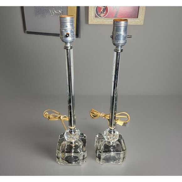 Vintage Pair/Set Clear Etched Glass Boudoir Candlestick Table Lamps Art Deco